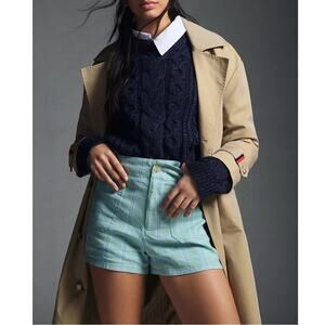 Maeve Anthropologie Colette Linen Blend Plaid High Rise Trouser Shorts Blue 27